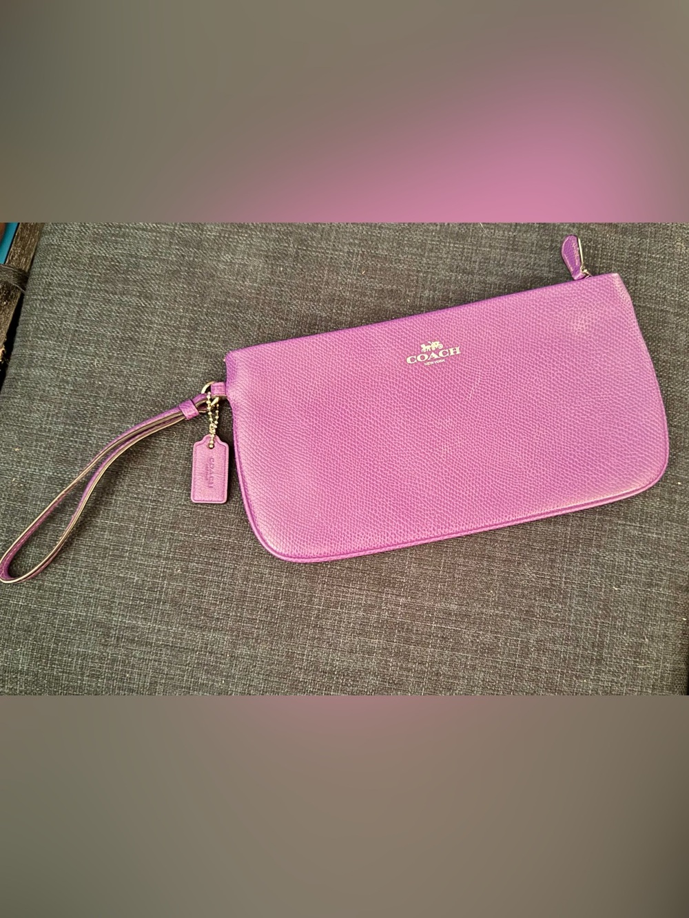 Coach Purple Pebbled Leather Zip Wristlet with Gold Logo